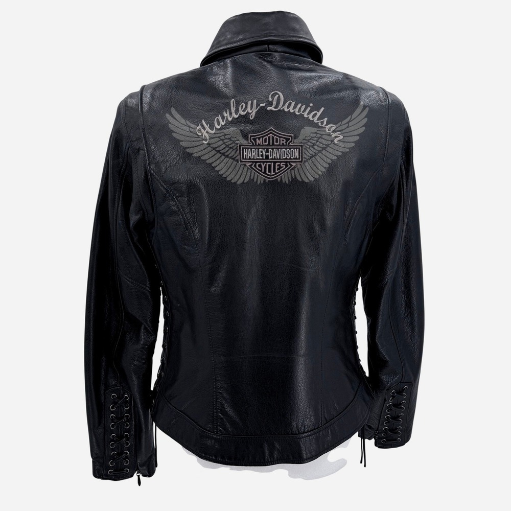 Harley Davidson Motorcycle Leather Moto Biker Jacket Black Lace Up Wings Zip M